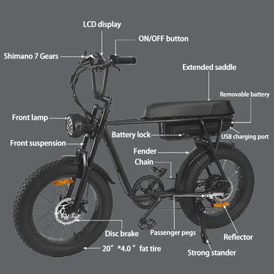 EBYKE® MOTO Fat Tire Step-Over 750W 48V Vintage Retro Electric Beach Cruiser 20"x4.0 Bike E-Bike Bicycle - EBYKE Electric Bikes